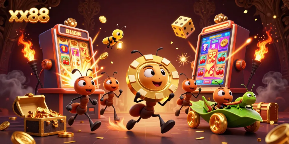 Experience exciting moments at xx88 with a team of ants heisting a giant poker chip in a vibrant casino scene.