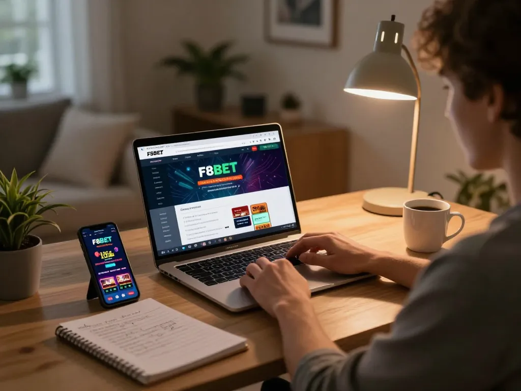 Engage with F8BET online casino through a stylish home setup showing gameplay and strategy notes.