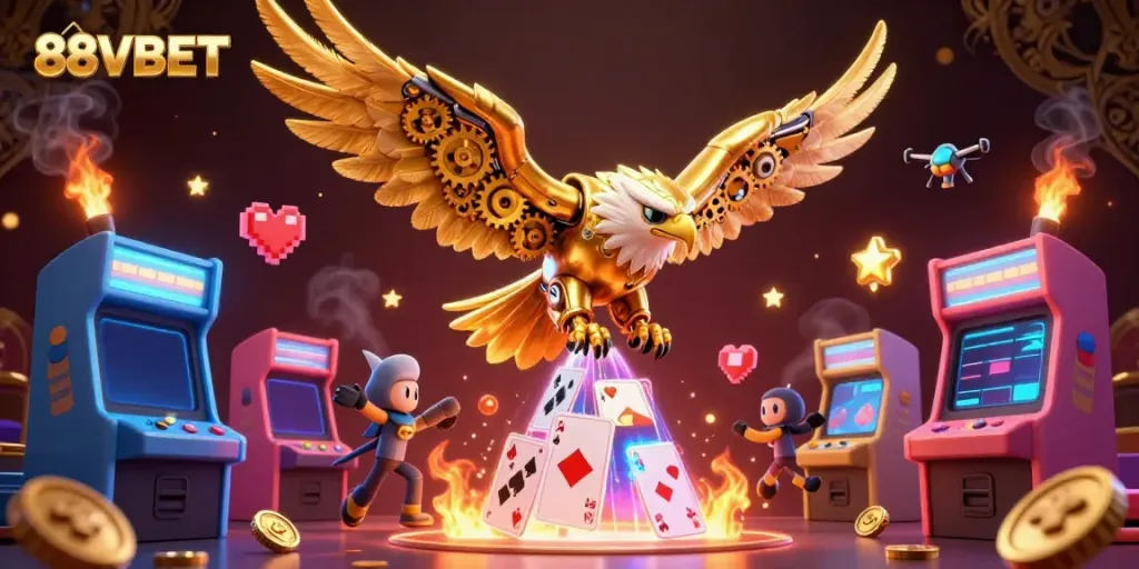 Engage in thrilling gameplay with 88VBET as the cybernetic eagle dives through holographic cards.