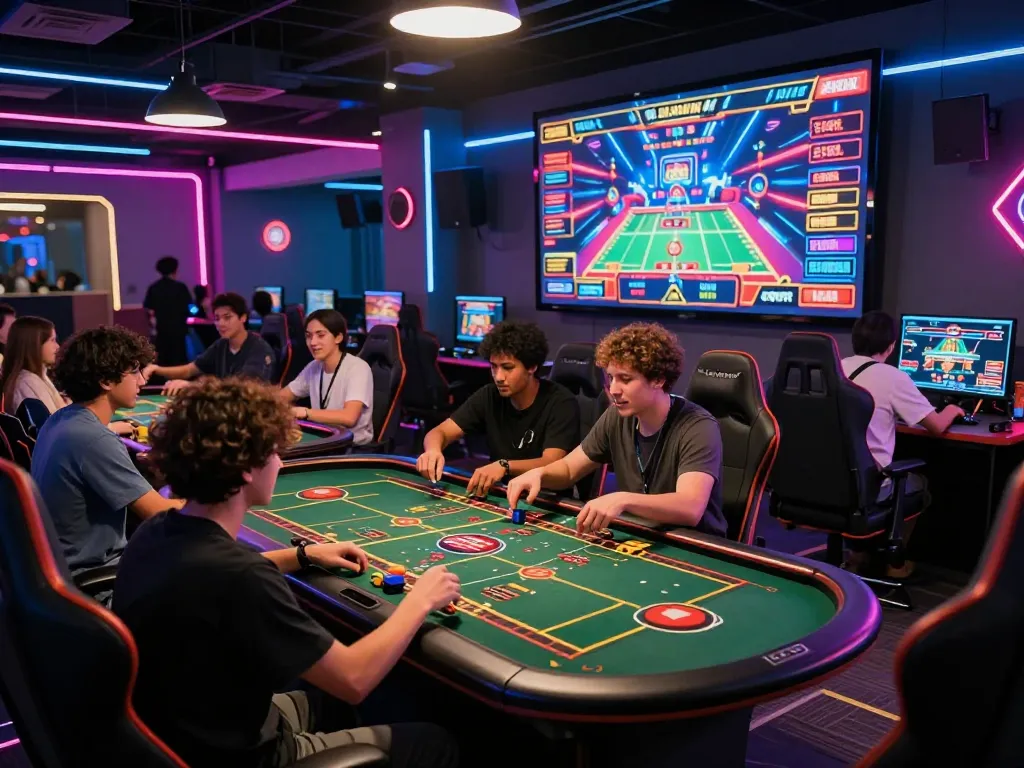 Players enjoying a thrilling game at gem88 casino, vibrant atmosphere with neon lights and electrifying excitement.