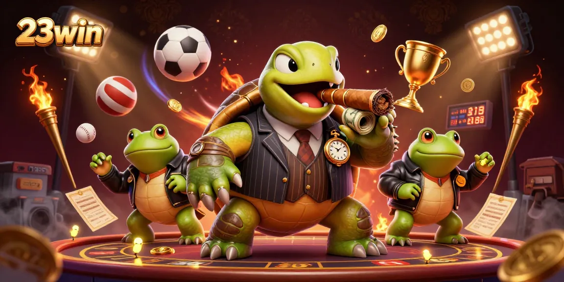Engage in exciting 23win gaming adventures with a vibrant, dynamic casino scene featuring cartoon characters and gaming elements.