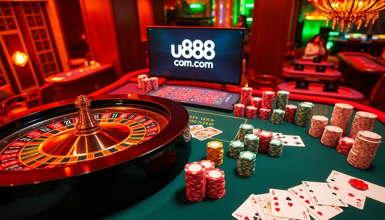 Experience the thrill of gambling at u888.com with dynamic casino excitement, roulette, and poker chips.