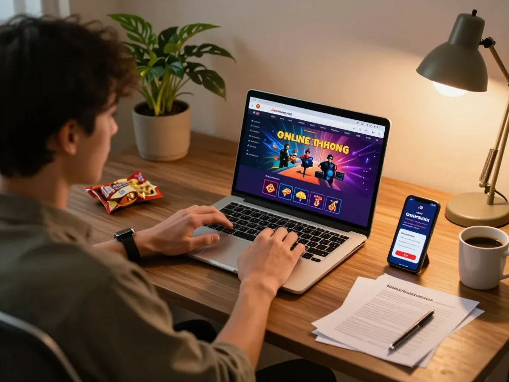 Engaged player enjoying gamebaidoithuong on their laptop, with betting notes and strategies visible.