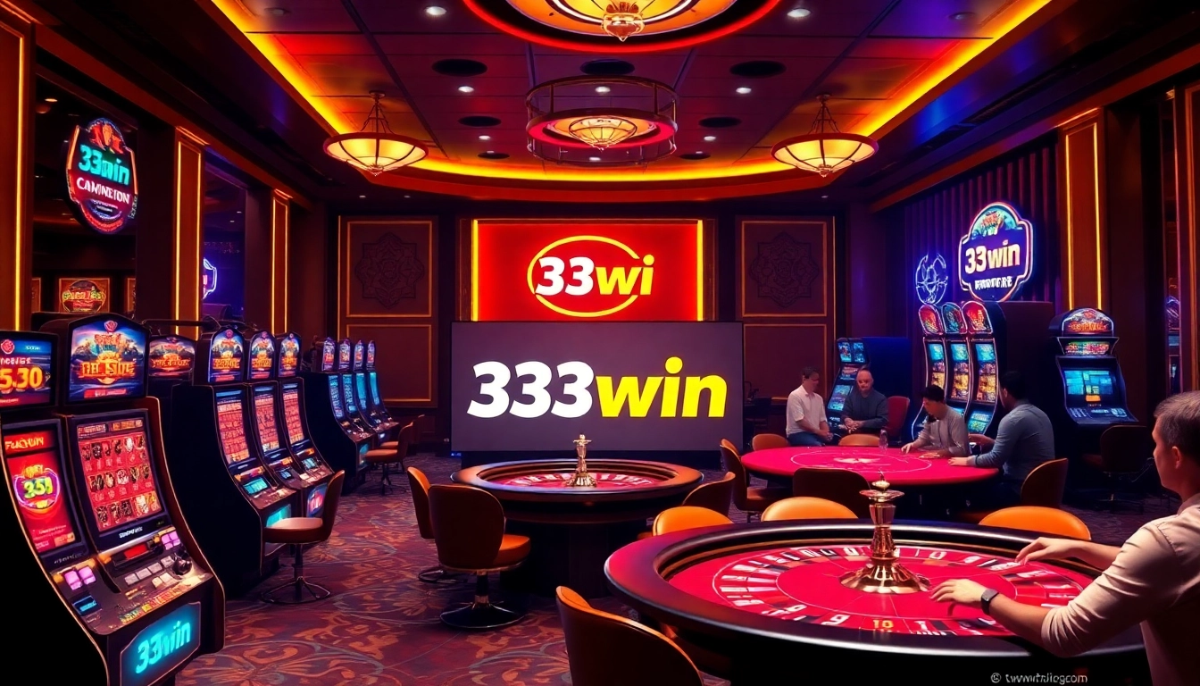 A thrilling casino scene with players enjoying the games at 33win, illuminated in luxurious gold and red tones.