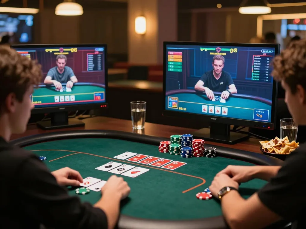 Engaged player participates in online poker showcasing 89bet2 platform on multiple screens.