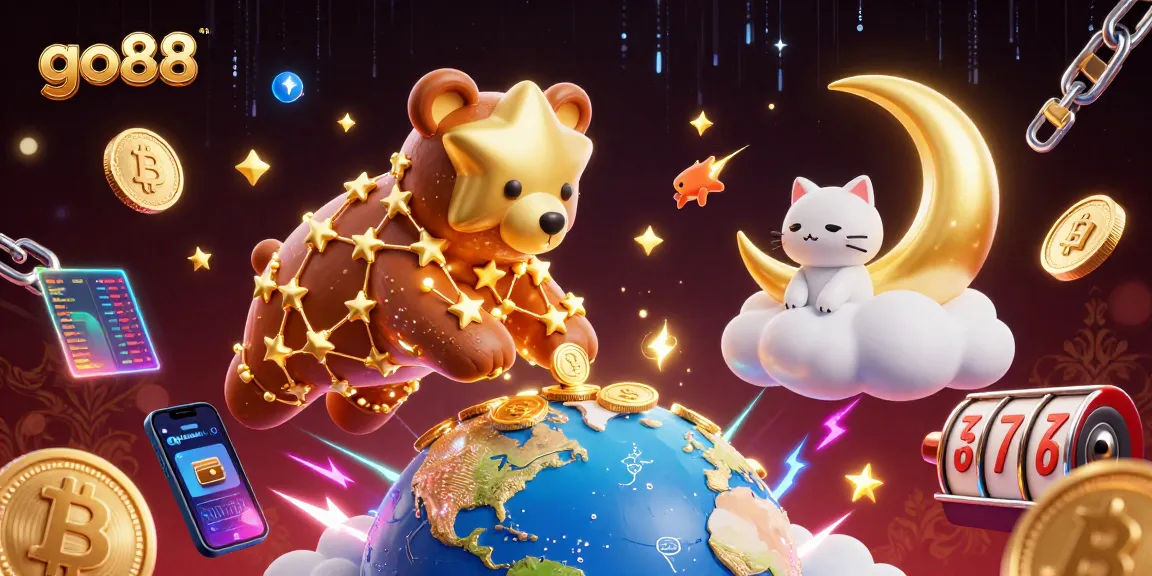 Experience the excitement of go88 as a constellation bear scoops coins, surrounded by vibrant casino elements.