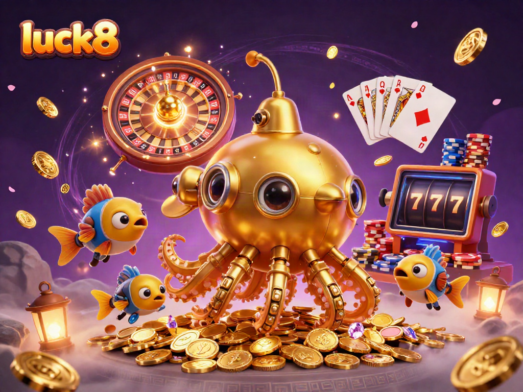 Experience the thrill of luck8 in this vibrant casino-themed 3D illustration.