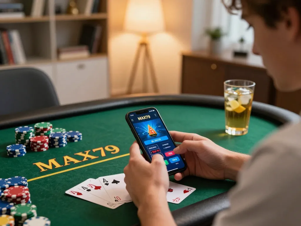 Player using MAX79 app on smartphone for enjoyable online betting experience.