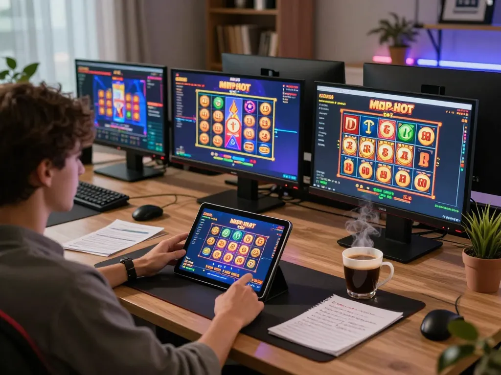 Pemain bermain permainan toto slot di tablet dalam suasana rumah yang nyaman, dengan catatan permainan dan kopi.