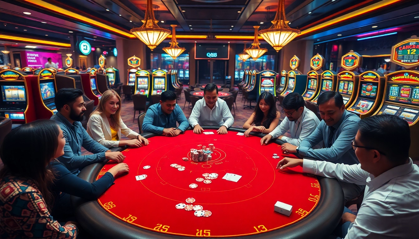 Players engaged in high-stakes poker at a qh88 casino table, showcasing excitement and strategy.