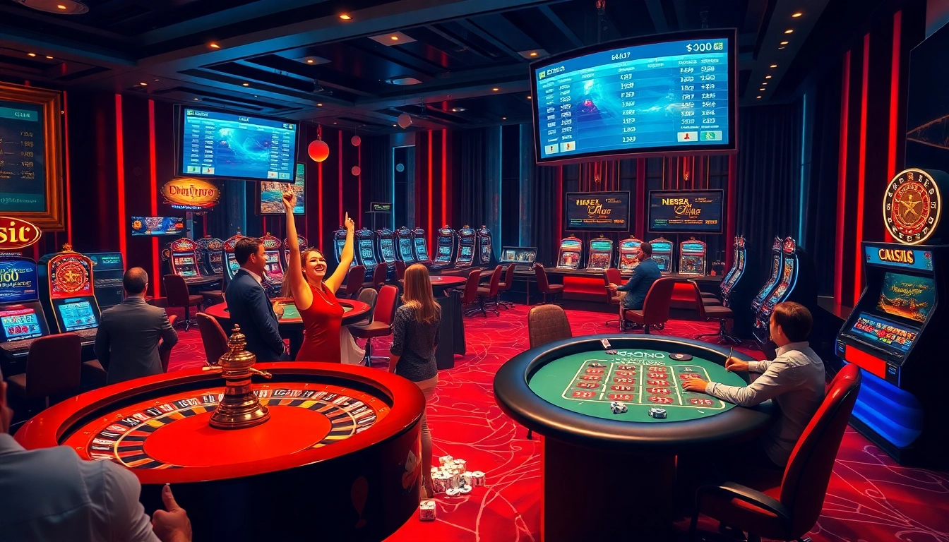 Exciting scene of players engaging at nhà cái nk88 with roulette wheels and poker tables.