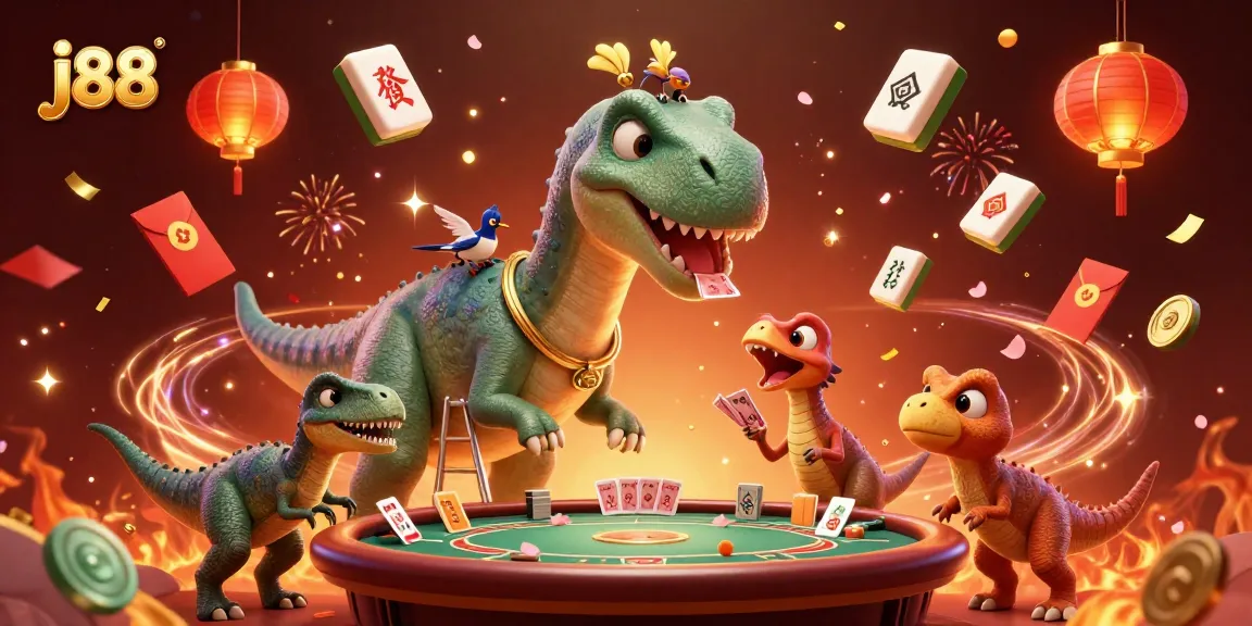 Experience j88 thrills with a giant brontosaurus and clever raptor in a vibrant casino setting.