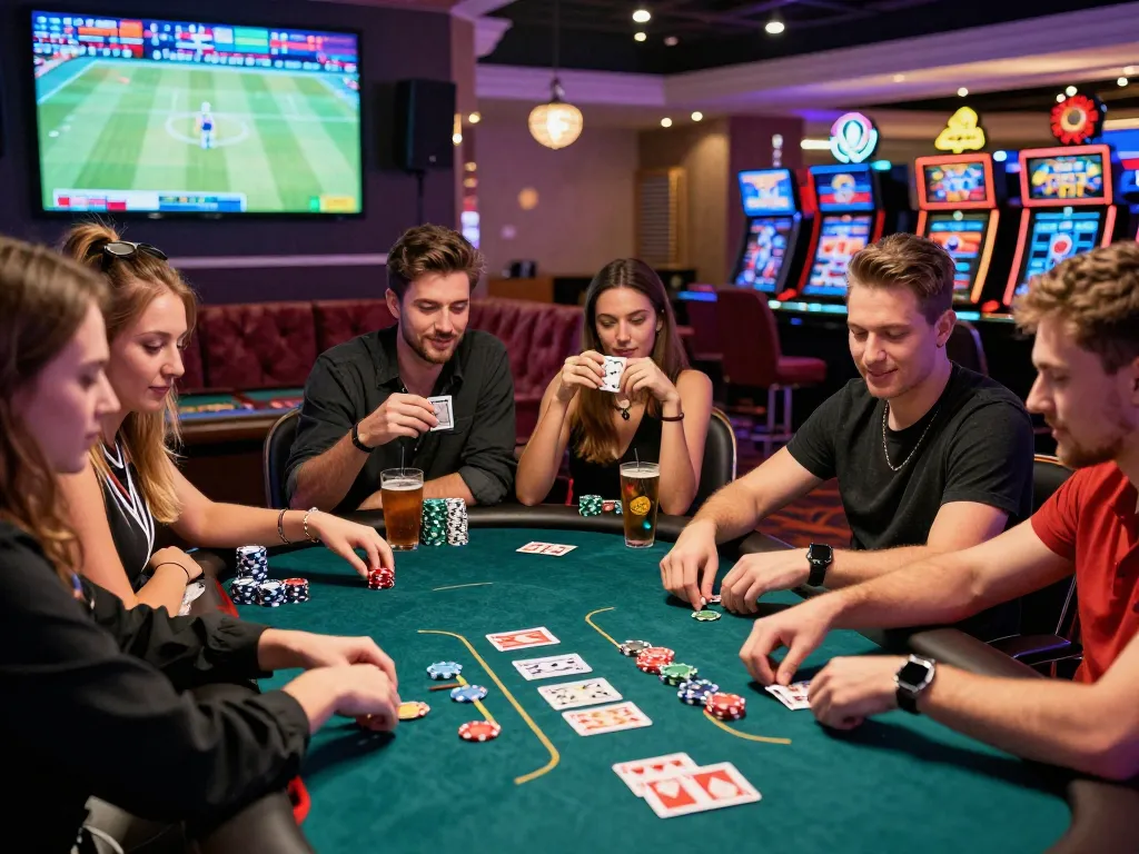 Friends enjoying a lively poker game at a rikbet casino table.