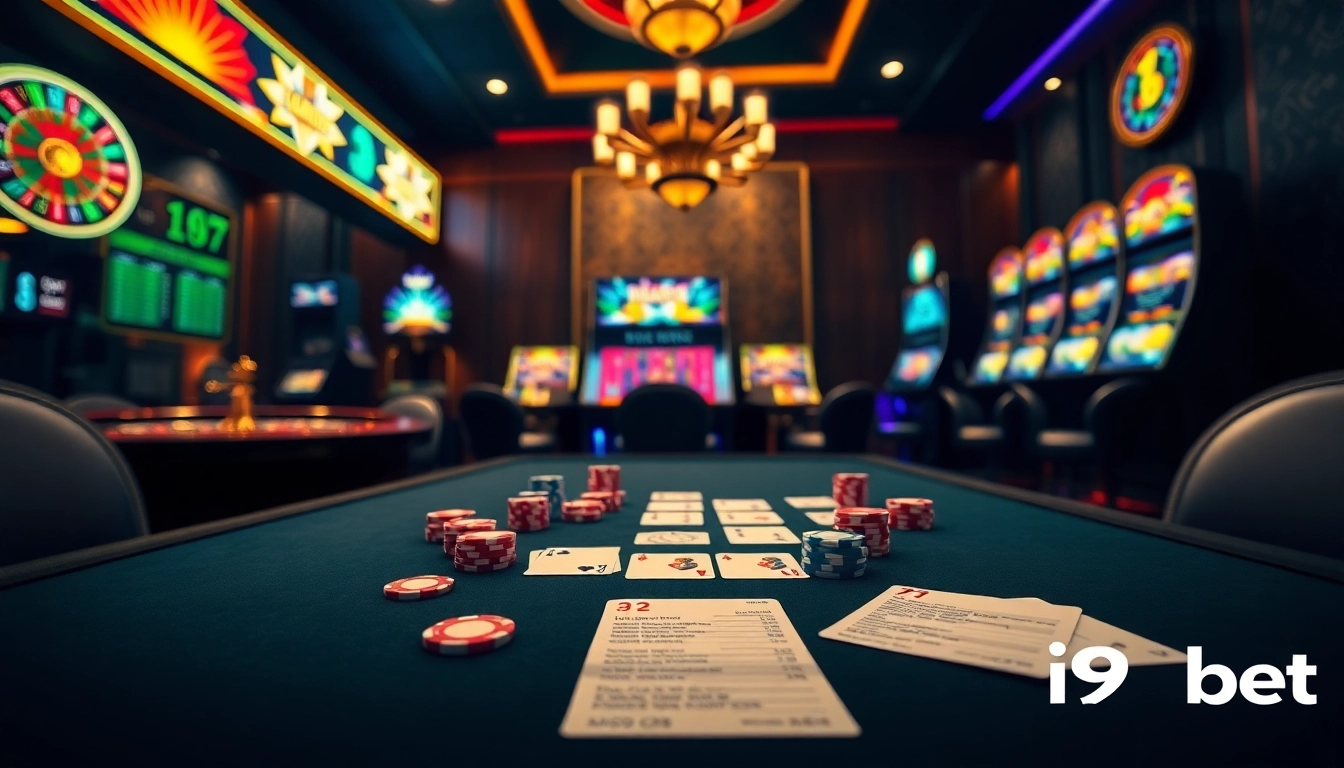 Exciting casino scene showcasing i9bet with vibrant slot machines and poker chips, capturing the gambling experience.