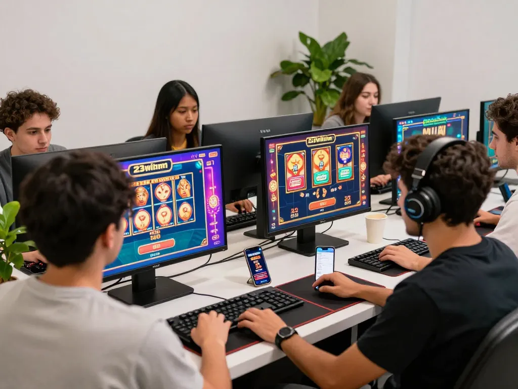 Engaging online gaming experience at 23win with diverse players, vibrant graphics, and modern setup.