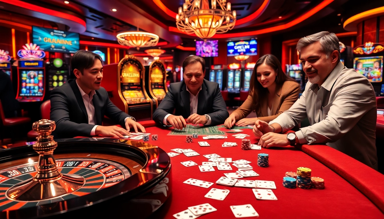 A lively casino scene demonstrating exciting games at kuwinblog.com, including poker chips, cards, and a roulette wheel.