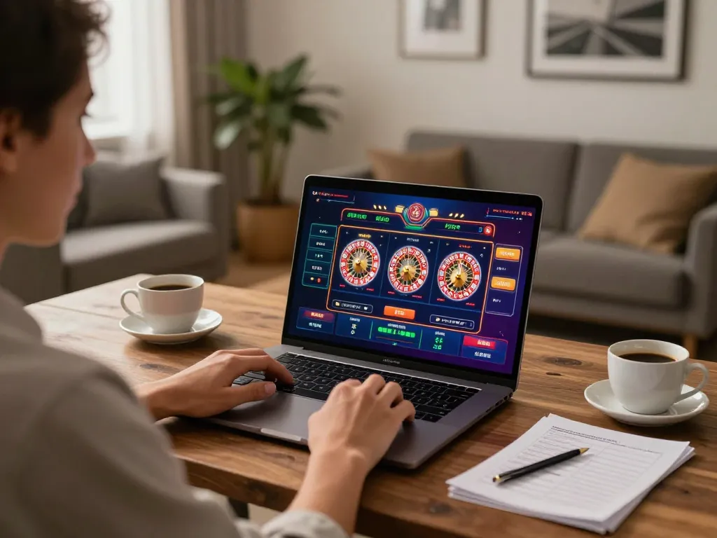 Player engaging with nhà cái jun88 on a laptop, showcasing vibrant online gaming experience.