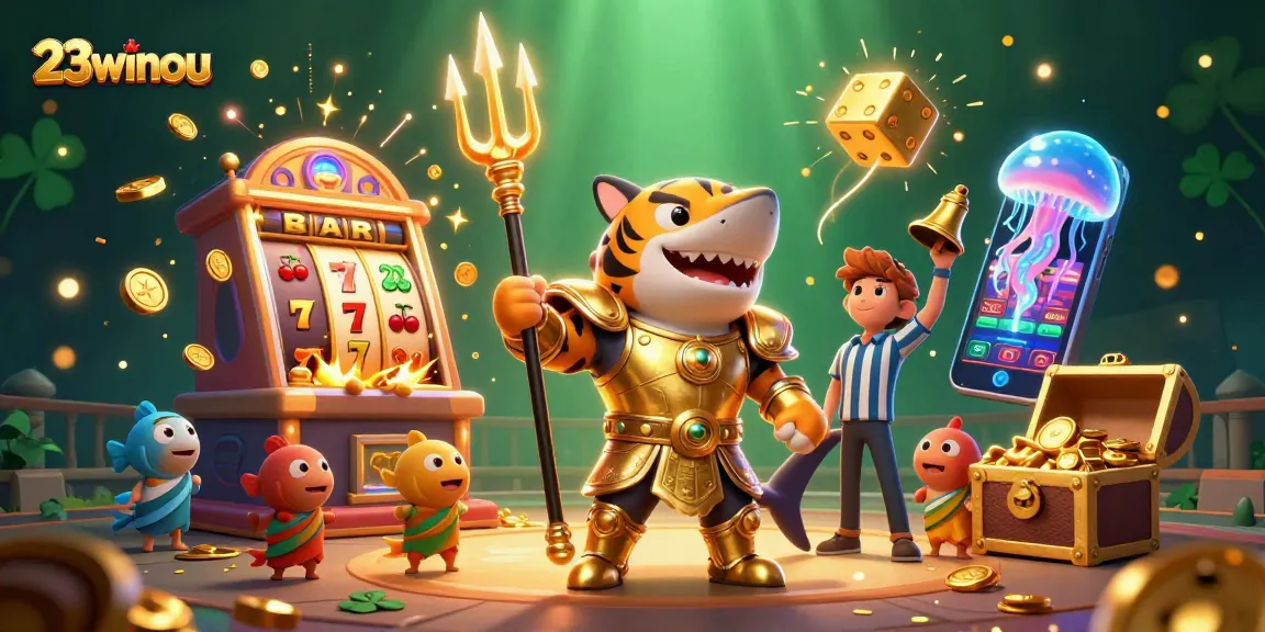 Experience thrill at 23winou with a lively underwater casino scene featuring a golden shark and exciting games.