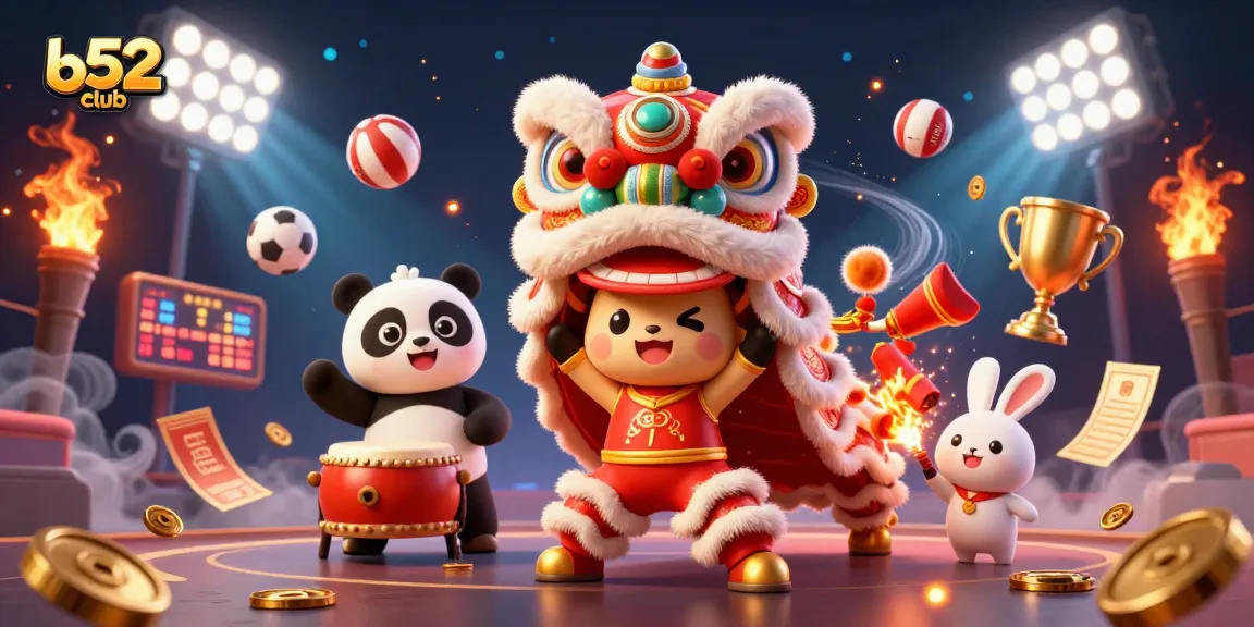 Engage with exciting games at b52club, featuring vibrant characters in a dynamic casino scene.