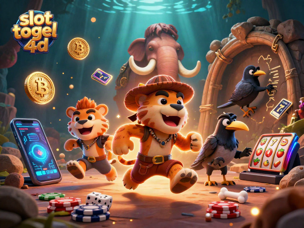 Engage in the fun of slot togel 4d with a prehistoric-themed casino scene featuring unique characters and casino elements.