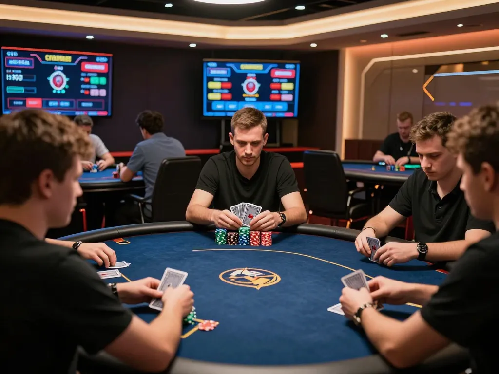 Players strategizing in a PUB88 online poker game, showcasing intense gameplay and digital interface.