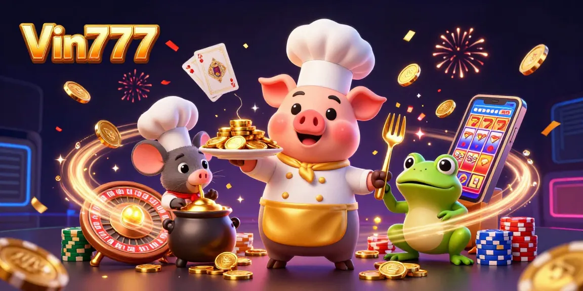 Experience the thrill of Vin777 with a vibrant casino scene of gold coins and excited characters.