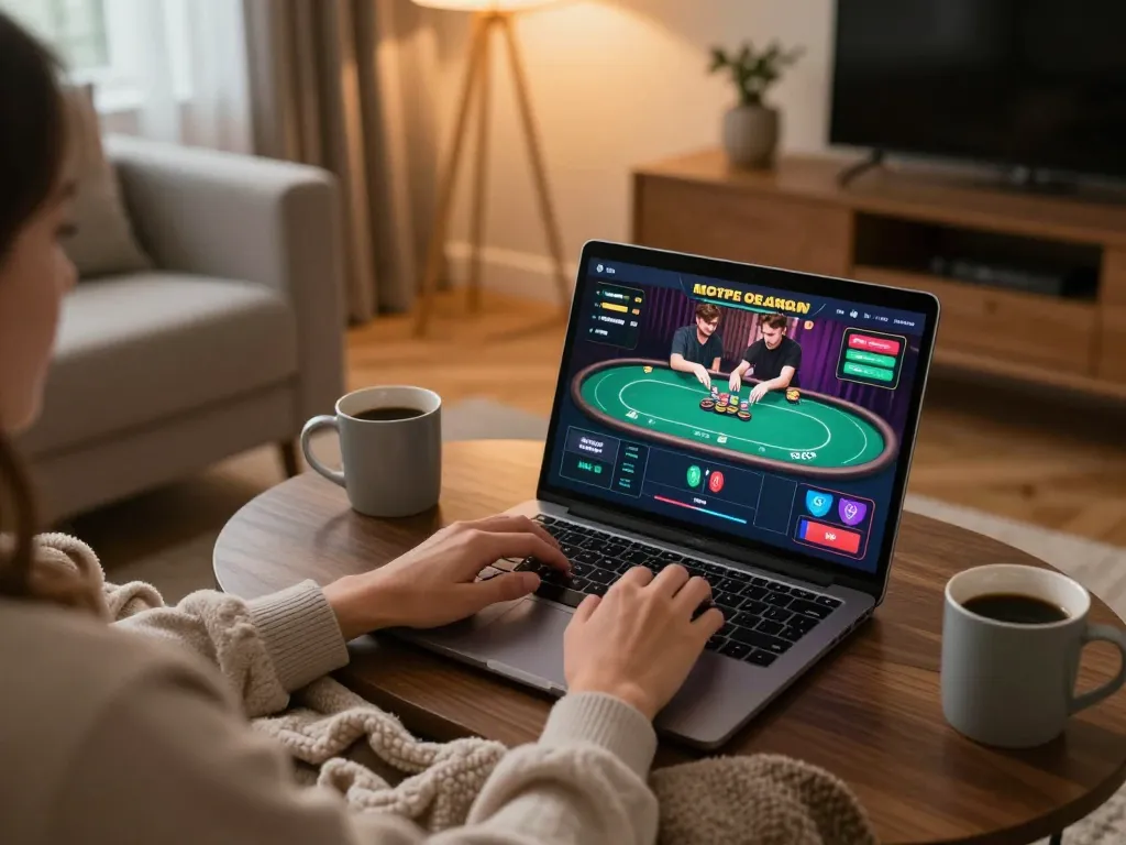 Engaging online casino gameplay experience on a laptop at home through xx88.day, showcasing strategic poker action.