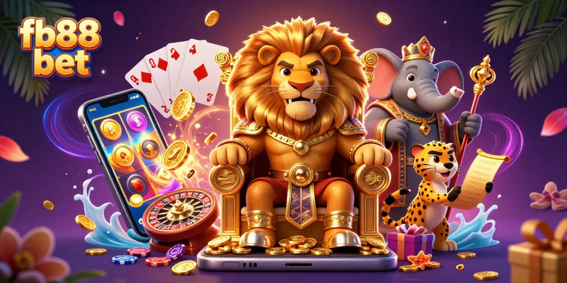 Experience thrilling wins at fb88 bet with a majestic lion king, dynamic casino games, and vibrant elements.