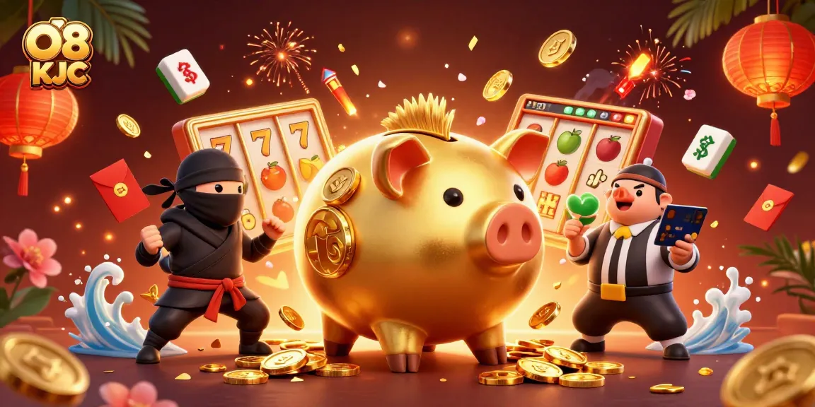 Experience thrilling wins with O8 KJC and a golden piggy bank, amidst dynamic slot game elements.