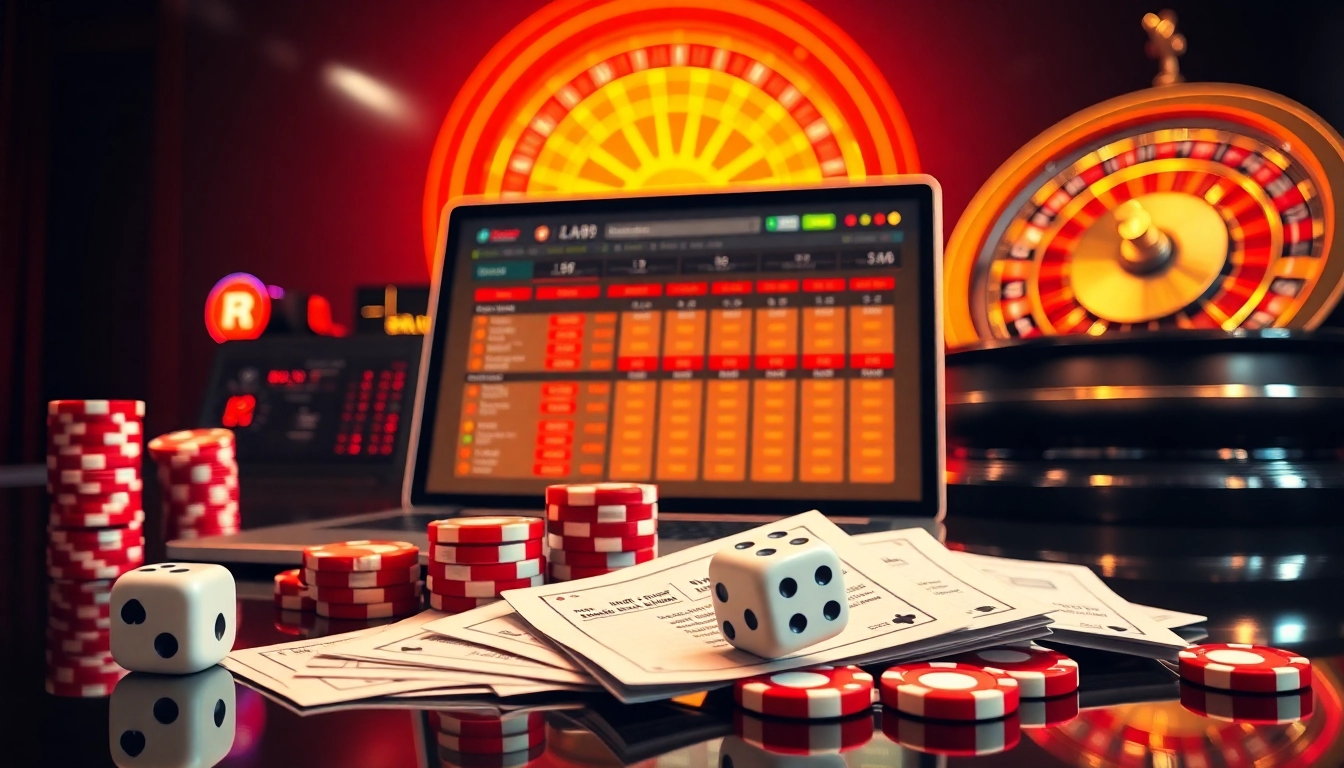 Engaging lô đề trực tuyến digital betting dashboard with poker chips and roulette wheel