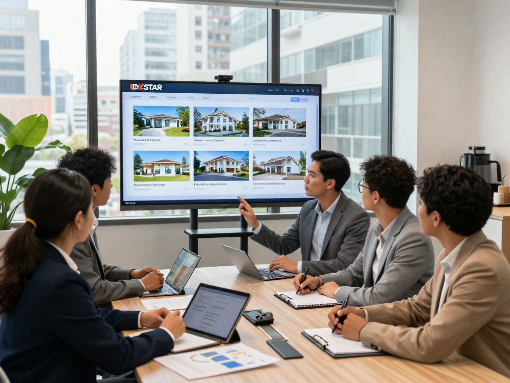 A diverse real estate team collaborating on IDXSTAR property presentations in a modern office