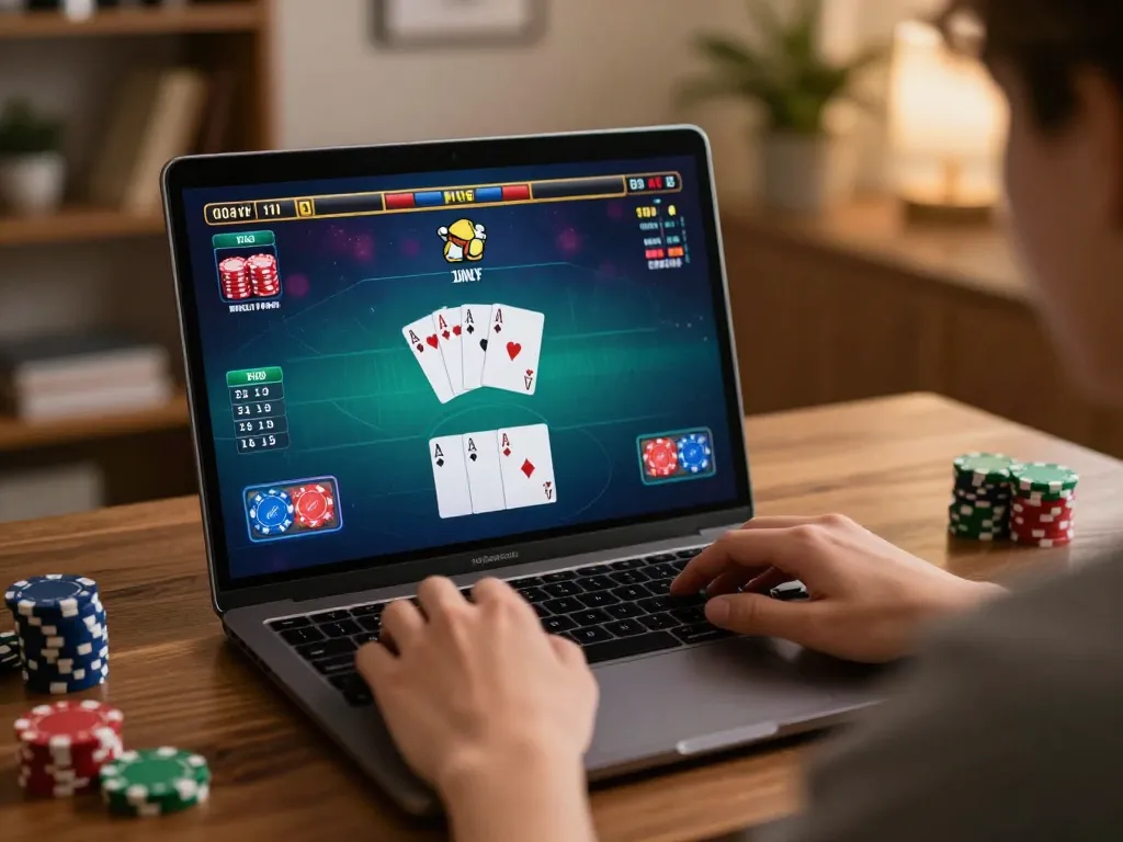 MM88 online casino player concentrated on poker strategy at home during gameplay.
