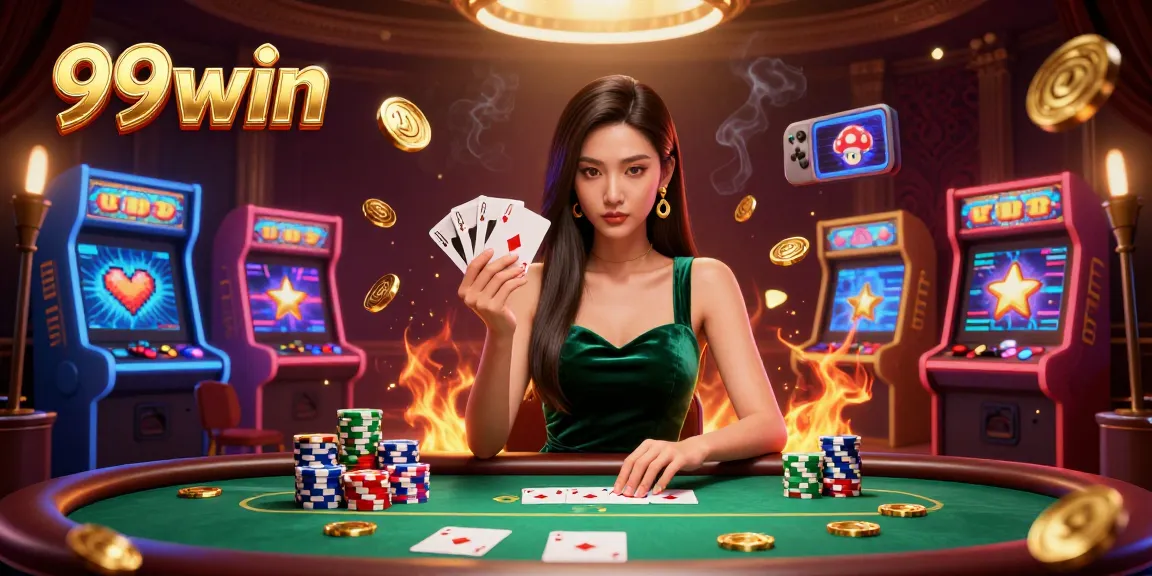 Engage with 99win’s strategic card game featuring a beautiful Asian woman at a luxury poker table.
