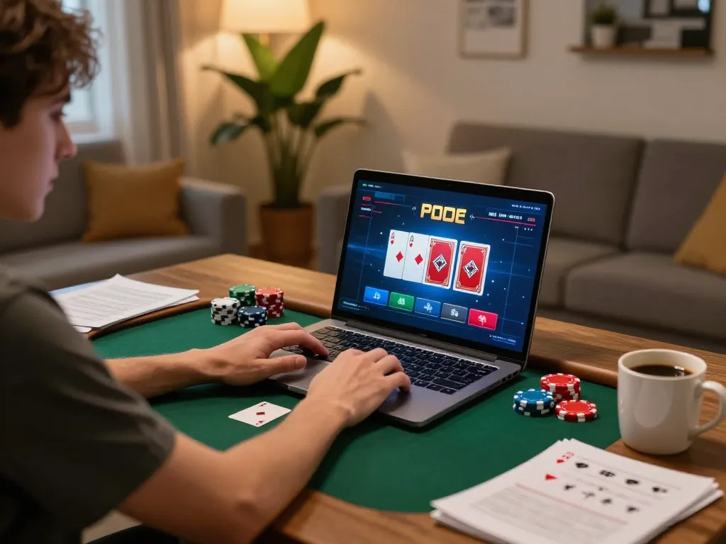 Engaging with sunwin20 while playing online poker in a cozy home setting featuring strategic notes.