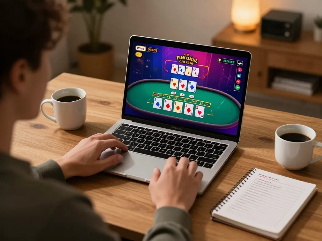 Person enjoying live dealer blackjack on bj88bj, showcasing strategic gameplay in a cozy home setup.