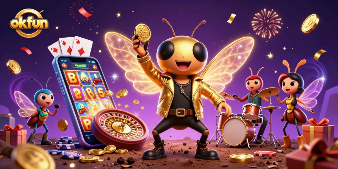 Engage with okfun's vibrant 3D casino scene featuring a rock star cicada celebrating slot wins.