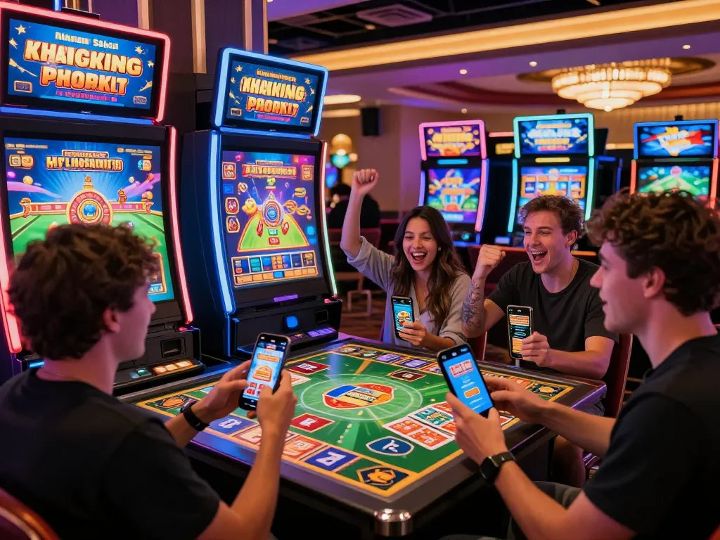 Exciting gaming experience while tải game hit club on mobile devices surrounded by vibrant slot machines and card games.