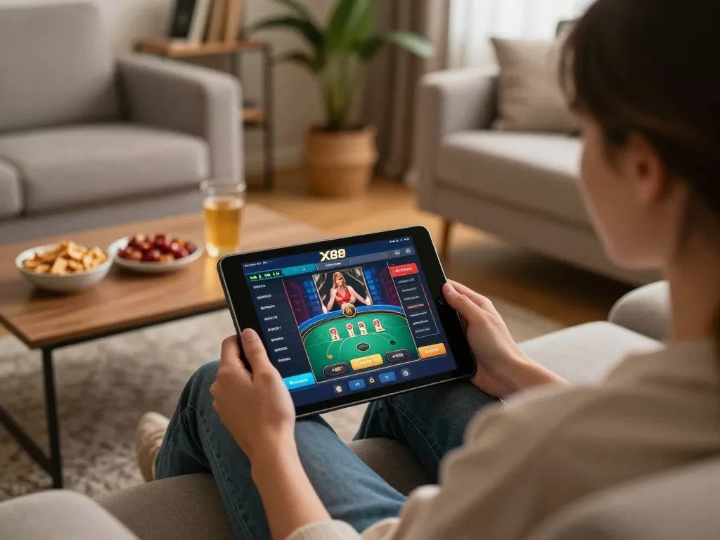 X88 online casino gaming displayed on tablet in a cozy home atmosphere.