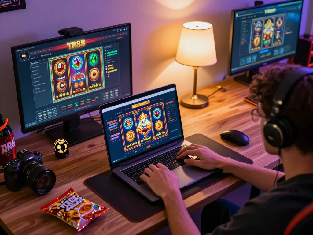 Engaging in exciting TR88 online gameplay with a laptop setup in a modern, cozy atmosphere