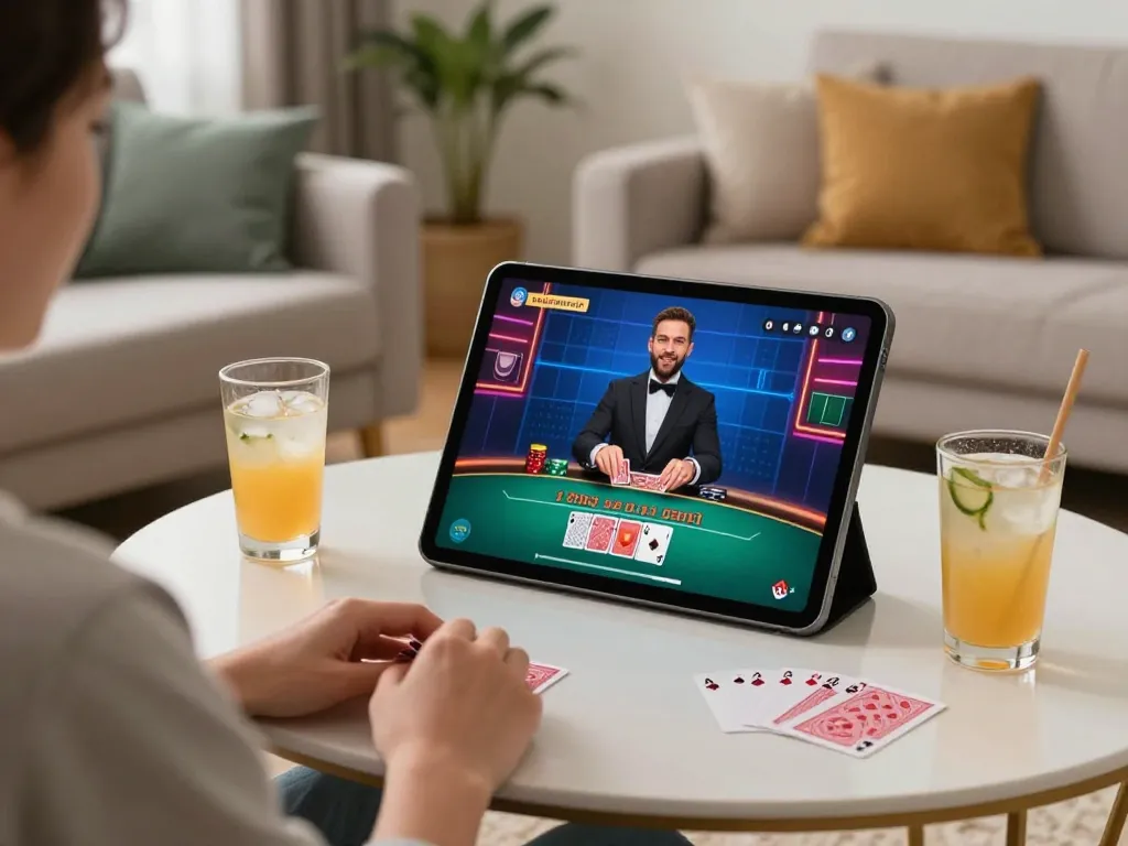 Engaged user playing live dealer blackjack on tablet while enjoying s666no1 gaming experience at home