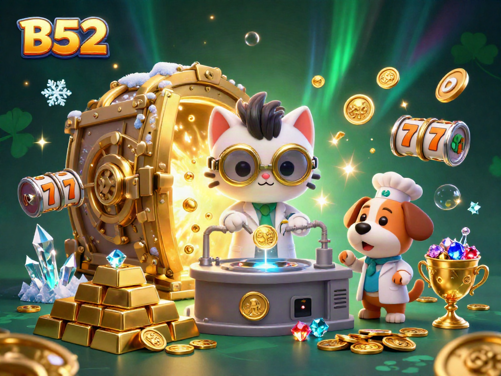 Spin the wheels with B52 and uncover treasures in a dazzling casino scene filled with gold!