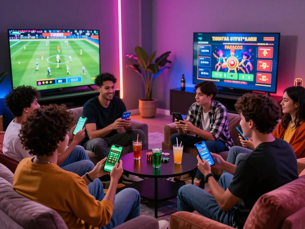 Friends enjoying sports betting on the 789bet platform in a lively setting.