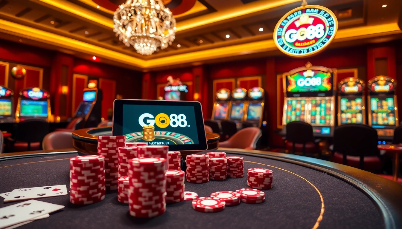 Experience the thrill of gambling at GO88 with vibrant casino tables and slot machines.