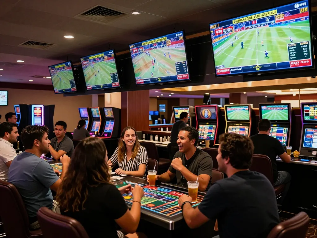 Win88 sports betting lounge with patrons engaged in dynamic betting discussions and screens showing live games.