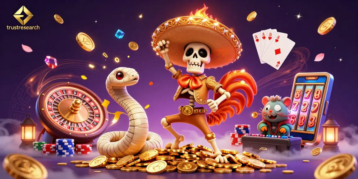 Trustresearch celebrates winning slots with a vibrant mariachi scene full of cascading coins.