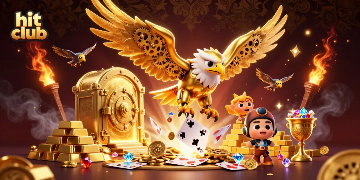 Engage in thrilling gameplay at hit club with a cybernetic eagle diving through treasures and game excitement.