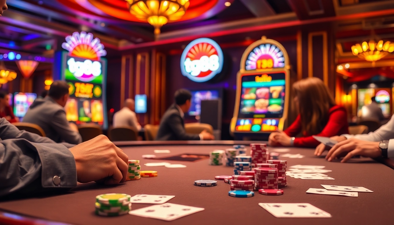 Play your luck at tg88 with vibrant poker chips and thrilling slot machines in a luxury casino.