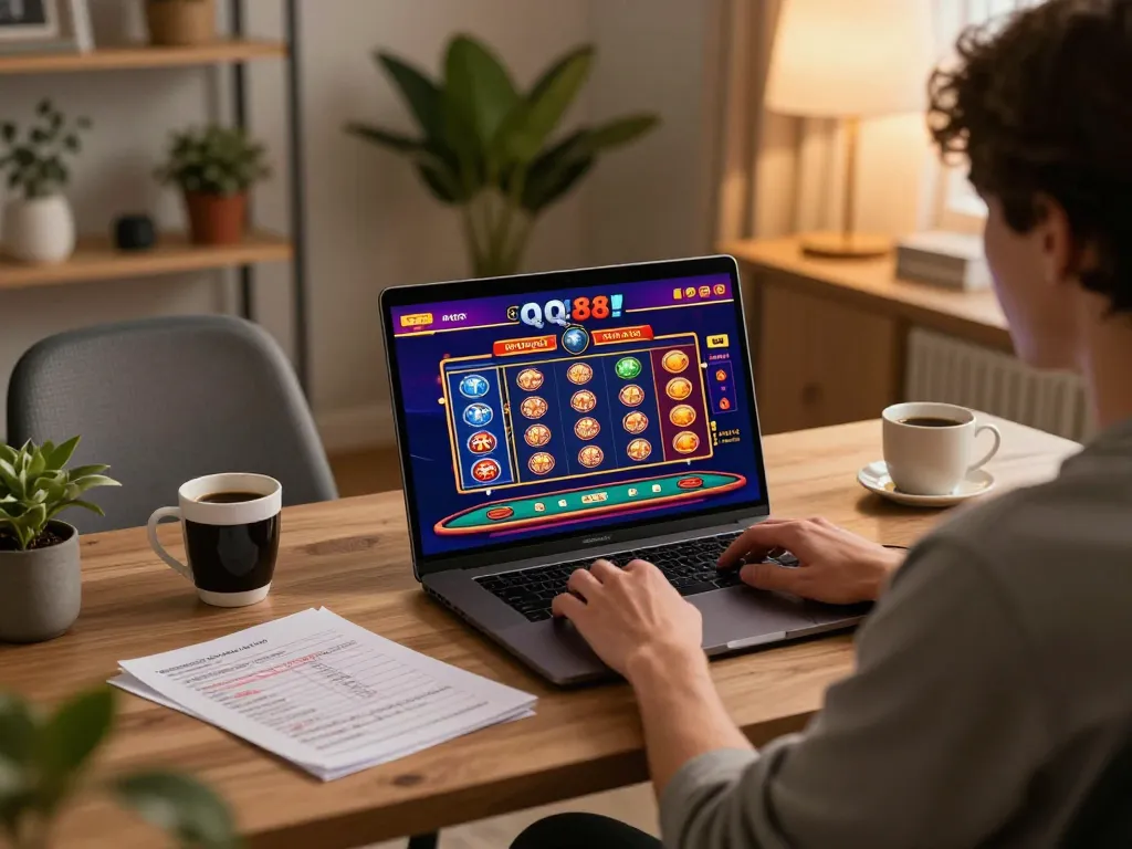 Person engaging with QQ88 online gaming interface in a stylish home office setting.