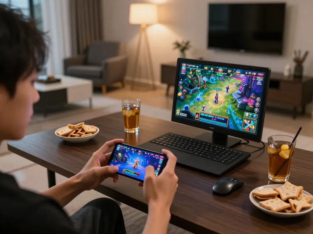Enjoying a thrilling game on QQ88 mobile app with snacks and drinks in a cozy setup