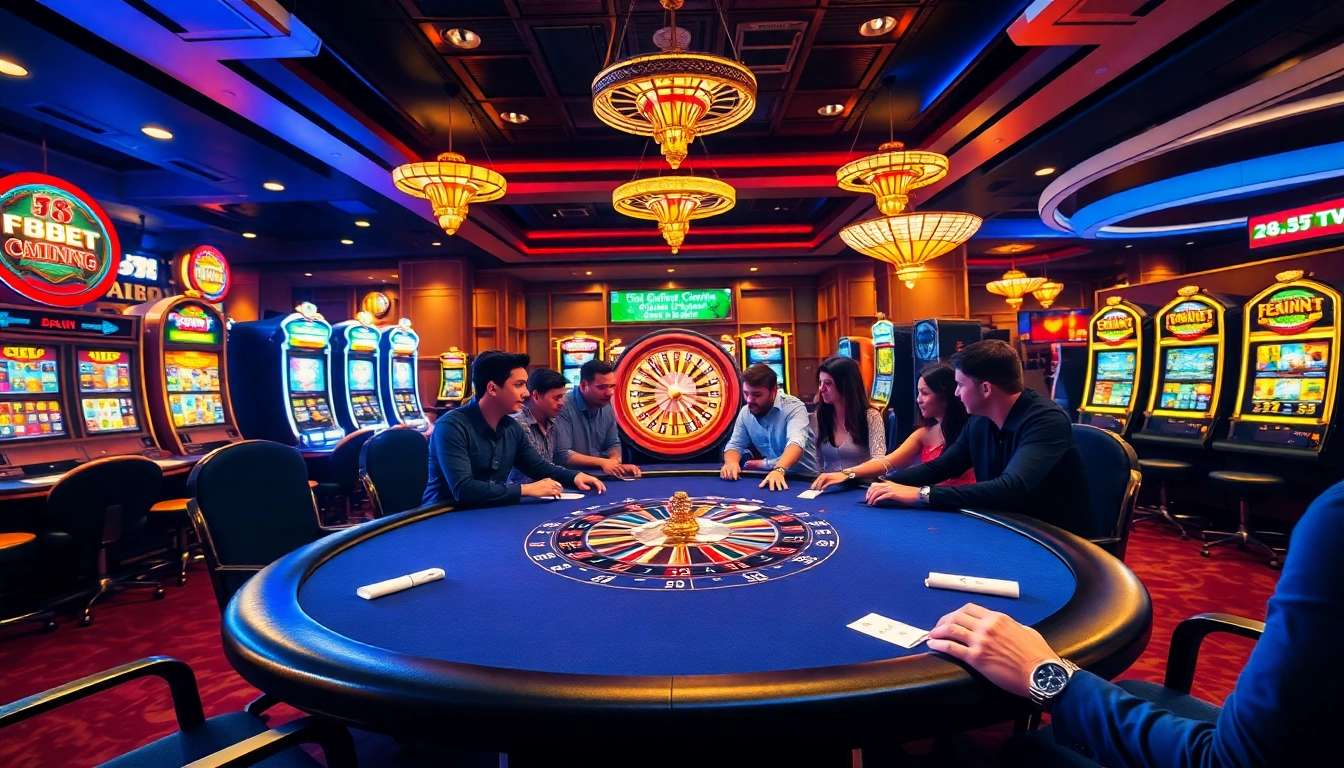 Gamblers engaging in thrilling poker gameplay at f8bet.com in a vibrant casino setting.